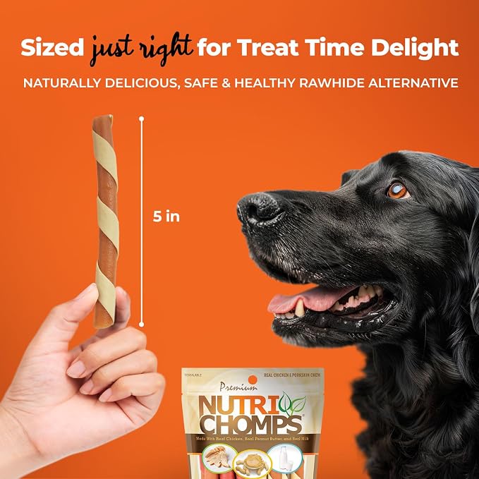 NutriChomps Dog Chews, 5-inch Twists, Easy to Digest, Rawhide-Free Dog Treats, 12 Count, Real Chicken, Peanut Butter and Milk flavors