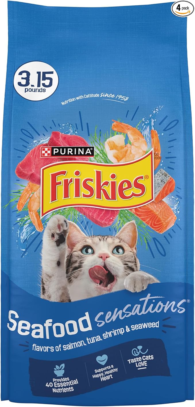 Purina Friskies Dry Cat Food Seafood Sensations With Salmon, Tuna, and Shrimp Flavors - (Pack of 4) 3.15 lb. Bags