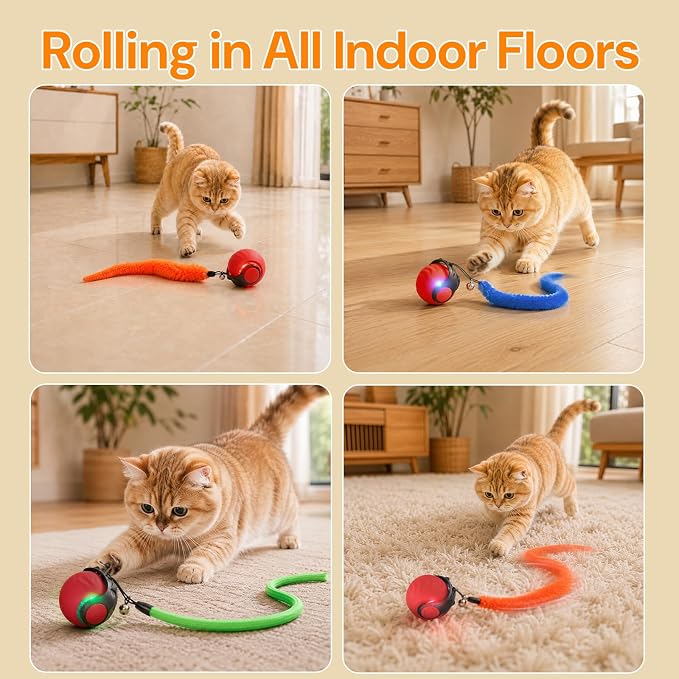 Geamen Interactive Cat Toys with Bird Sounds & 3 Speed Modes, Rechargeable Automatic Moving Cat Toy with 3 Tails, Fast Charging Smart Rolling Ball for Indoor Cats to Chase Play on Hard Floor Carpet