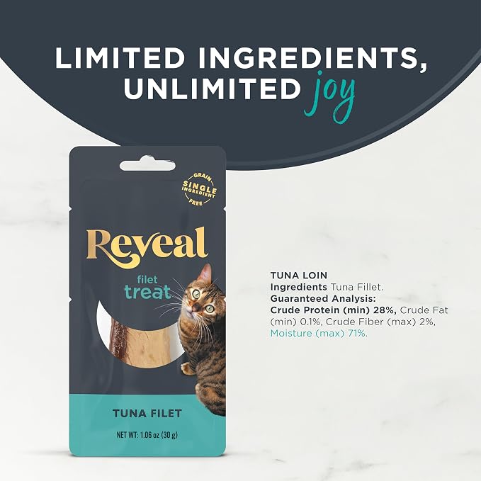 Reveal Whole Tuna Loin Cat Treats 12 Pack, Single Ingredient, Grain Free, High Protein, Natural Cat Treats for Training, No Fillers, No Artificial Additives (12 x 1.06 oz Loins)