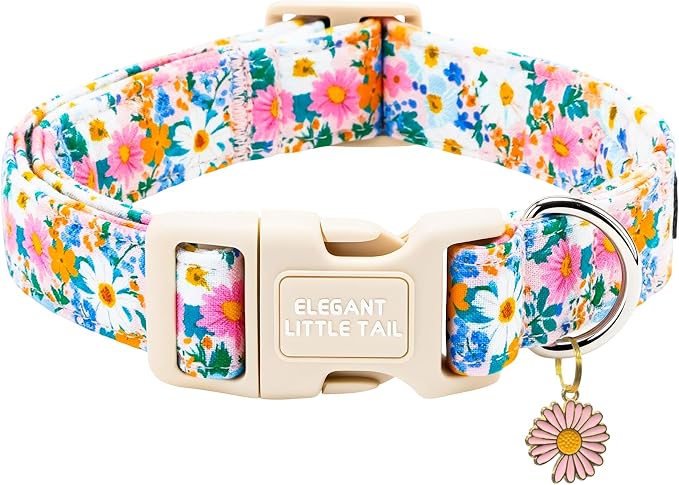 Elegant Little Tail Summer Dog Collar, Pink Daisy Floral Pattern Soft Cotton Pet Collars with Sturdy Quick Release Girl Adjustable Pet Collar for Small Medium Large Dogs
