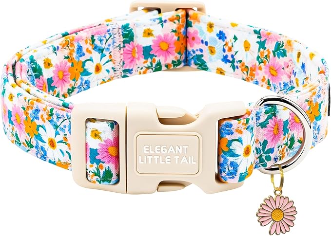 Elegant Little Tail Summer Dog Collar, Pink Daisy Floral Pattern Soft Cotton Pet Collars with Sturdy Quick Release Girl Adjustable Pet Collar for Small Medium Large Dogs