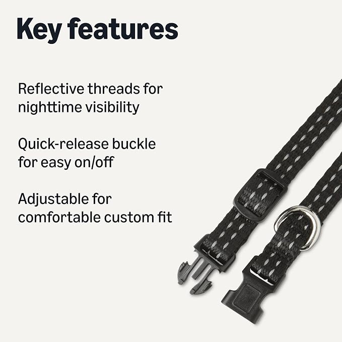 Amazon Basics Reflective Polyester Dog Collar, Adjustable Length 8.7"-13.5", 0.7" W, Quick-Release Buckle for Easy On/Off, Extra Small, Black