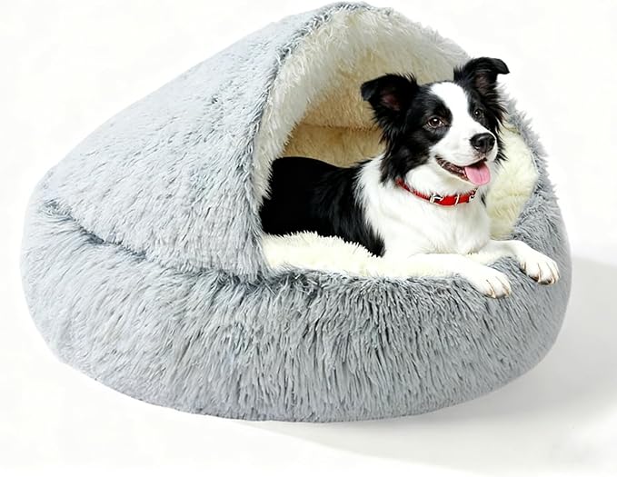Calming Dog Bed Fluffy Plush Pet Bed Under 35 Pound，Large Cave Bed Washable Non-Slip Cat Nest Pod Windproof，Cozy Indoor Cave for Kitten Dog Non-Slip Bottom (L-31.5in)