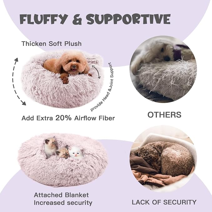 Himax Dog Beds for Large Dogs, Donut Dogs Beds with Blanket Attached, Calming Dog Bed Washable (20"/26"/35") Beige