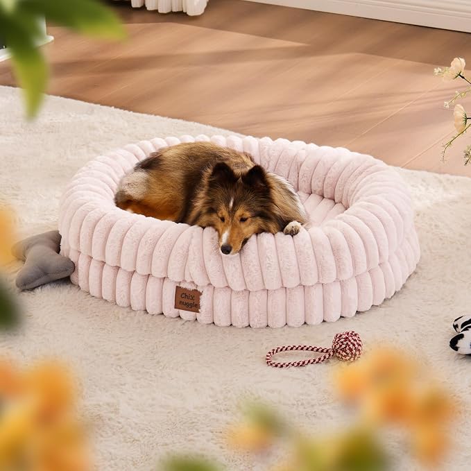 ChiXnuggle Orthopedic Dog Bed for Medium Dogs, Waterproof Faux Rabbit Fur Dog Couch with Egg Crate Foam Support and Washable Removable Cover, Bolster Pet Sofa with Non-Slip Bottom, 30x24x7, Pink