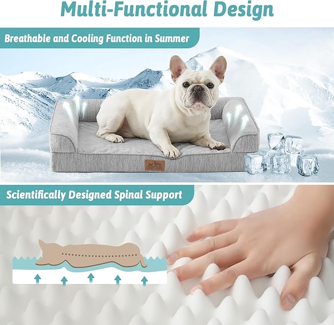 COZY KISS Cooling Dog Bed for Extra Large Dogs, 48"x32" Orthopedic Foam Sofa with Bolster Sides, Q-Max >0.4 Cooling Technology, Cool Pet Bed with Removable Washable Cover, Grey