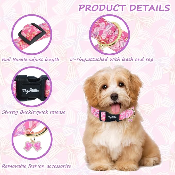 Cute Hot Pink Dog Collar with Bow Print, Spring Summer Puppy Collar with Adjustable Buckle, Soft Cotton Pink Dog Collar for Small Medium Large Dogs-M