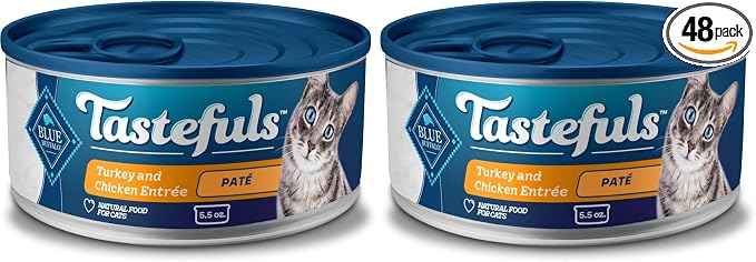 Blue Buffalo Tastefuls Wet Cat Food Paté,Made with Natural Ingredients,Turkey and Chicken Entrée,5.5-oz Cans,(Pack of 48)