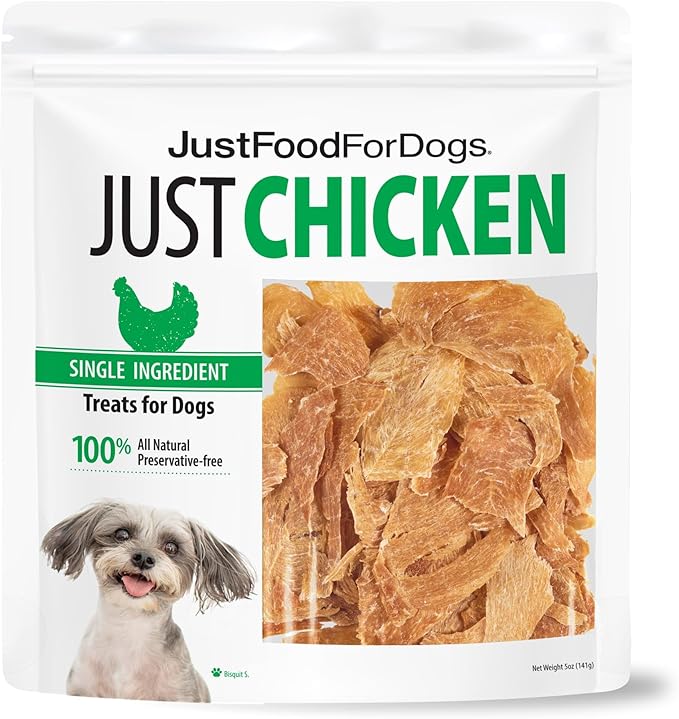 JustFoodForDogs Single Ingredient Healthy Dog Treats and Dog Snacks, Jerky Treats, Human Grade, Preservative and Grain Free, Rawhide Free Chews, Low Calorie Treat - Chicken Breast, 18 oz