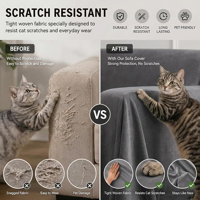 LOllON Velvet Couch Cover for Cats Dogs Kids - 100% Waterproof Cat Scratch Resistant Sofa Cover, Non-Slip Washable Furniture Protector,Ultra Soft Pet-Friendly Slipcover for 3-Seat Sofa 118"x71" Grey