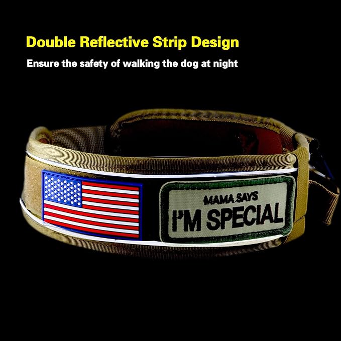 Tactical Dog Collar with Handle for Medium Dogs, 2.5"Wide Thick Heavy Duty Metal Buckle Dog Collar with Soft Neoprene Padded Lining, Military Service Reflective Collar for Training (Khaki,M)