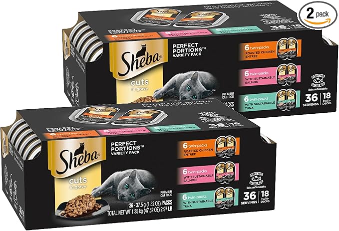Sheba Perfect Portions Wet Cat Food Cuts in Gravy, Roasted Chicken Entree, with Sustainable Salmon, and with Sustainable Tuna, 2.6 oz. Twin-Pack Trays (18 Count, 36 Servings) (Pack of 2)