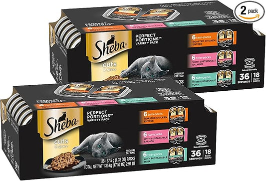 Sheba Perfect Portions Wet Cat Food Cuts in Gravy, Roasted Chicken Entree, with Sustainable Salmon, and with Sustainable Tuna, 2.6 oz. Twin-Pack Trays (18 Count, 36 Servings) (Pack of 2)
