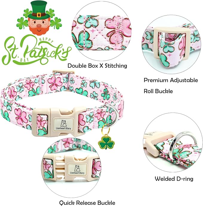 Lionheart glory St. Patrick's Day Dog Collar, Clover Collars Pink Dog Collar for Medium Dogs Spring Female Dog Collar Adjustable Heavy-Duty Dog Collar Pet Gift Plastic Buckle