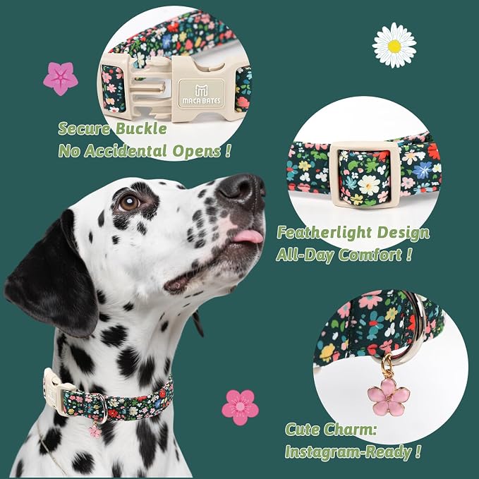 Maca Bates Spring Flower Basic Dog Collar with Blossom Charm for Medium Girl Boy Dogs, Dark Green Floral Pattern,Pretty Adjustable Durable Soft Flowers Collars Gift for Male Female Puppy