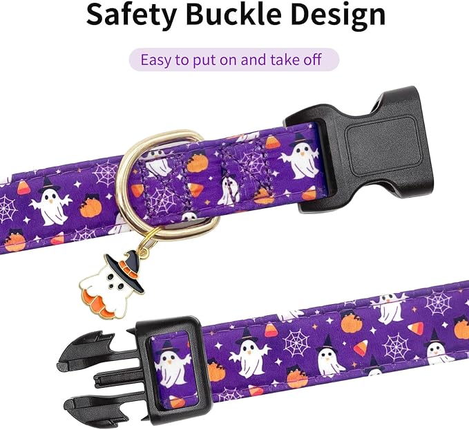 Fall Dog Collar,Soft and Cute Halloween Collars with Ghost Patterned Design for Girl Female Boy Dogs,Adjustable Buckle Pet Collar for Small Medium Large Dogs (Purple Ghost, S)