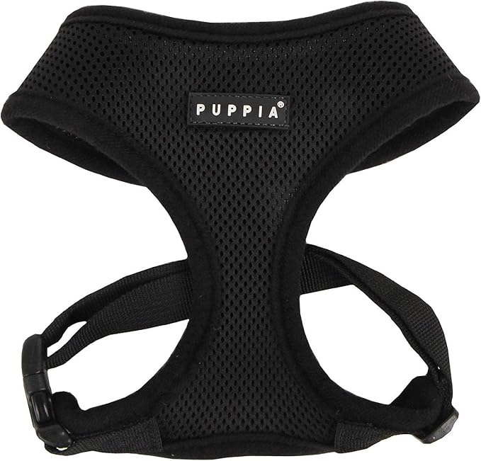 Puppia Soft Dog Harness No Choke Over-The-Head Triple Layered Breathable Mesh Adjustable Chest Belt and Quick-Release Buckle, Black, Small