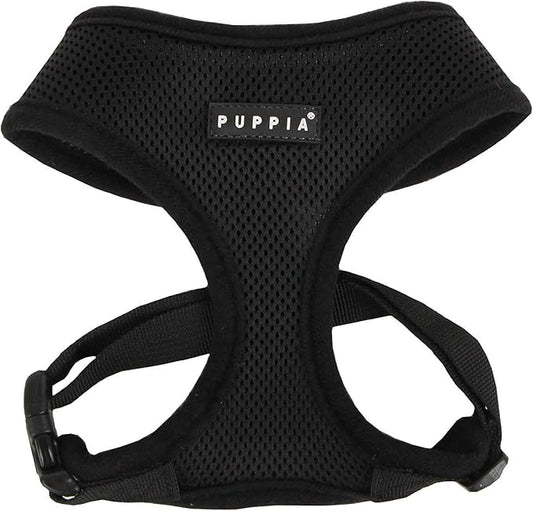 Puppia Soft Dog Harness No Choke Over-The-Head Triple Layered Breathable Mesh Adjustable Chest Belt and Quick-Release Buckle, Black, Small
