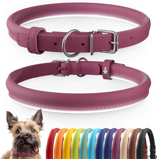 CollarDirect Reflective Rolled Leather Dog Collar, Soft Padded Round Puppy Collar, Handmade Genuine Leather Collar Dog Small Large Cat Collars 13 Colors (8-11 Inch, Pink Reflective)