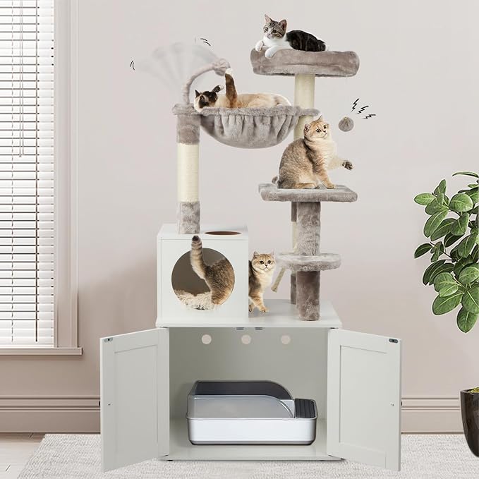 Timberer Cat Tree with Litter Box Enclosure, 2-in-1 Cat Tower for Indoor Cats, Large Wood Cat Condo with Basket, Scratching Posts, Pompoms, White