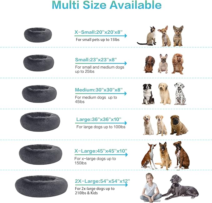 SAVFOX 54 inches Calming Donut Dog Bed - 3X Durable Plush Faux Fur, Machine Washable & Non-Slip, Fits up to 210 lbs, Removable Cover, Dark Grey