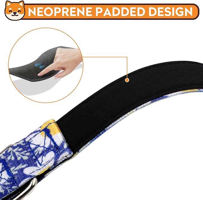 Reflective Dog Collar, Adjustable Soft Neoprene Padded Nylon Pet Collars with Buckle for Puppy and Small Dogs, Cats, Small Daisies Blue,L