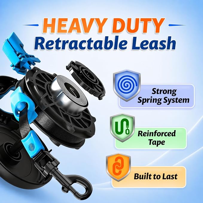 16.4 ft Retractable Dog Leash for Dogs 10–100 lbs - Heavy Duty Tape Leash with Strong Nylon Tape - 360° Swivel Control - One-Click Brake & Lock - Ergonomic Non-Slip Grip for Safe & Easy Daily Walks