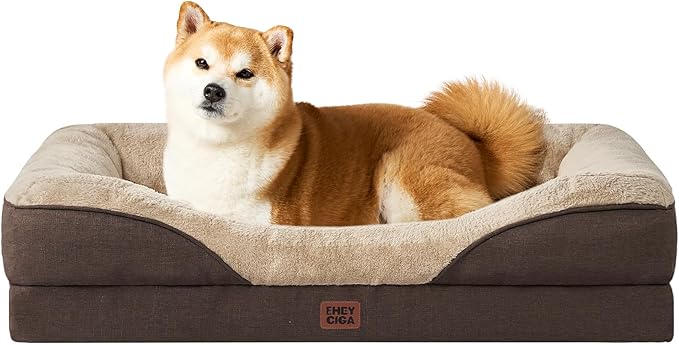 EHEYCIGA Orthopedic Dog Bed for Medium Dog, 35x22 Inch Memory Foam Dog Couch Bed with Sides, Waterproof Liner & Washable Removable Cover, Bolster Pet Sofa, Brown