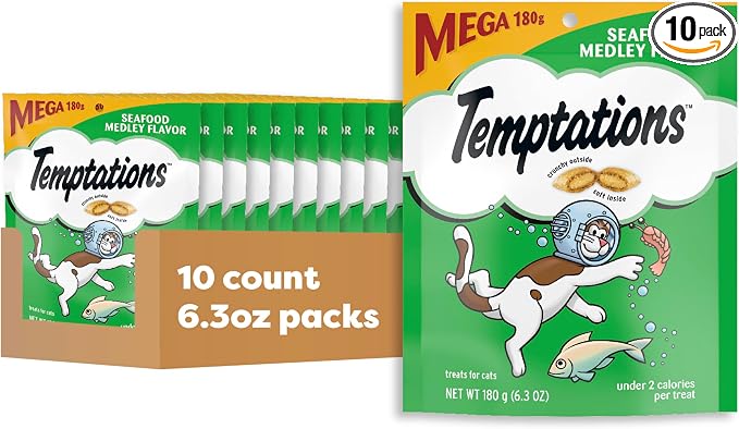 Temptations Cat Treats, Classic Crunchy and Soft Cat Treats, Seafood Medley Flavor, 6.3 oz. Pouch (Pack of 10)
