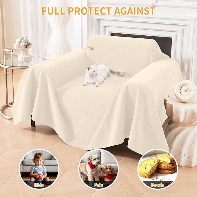 Deep Dream Cat-Scratch Resistant Armchair Couch Cover, Waterproof Sofa Cover for Dogs, Pet Friendly Couch Protectors Anti Slip Thickened Slipcovers for Dogs Pets, 71" x 91", Beige