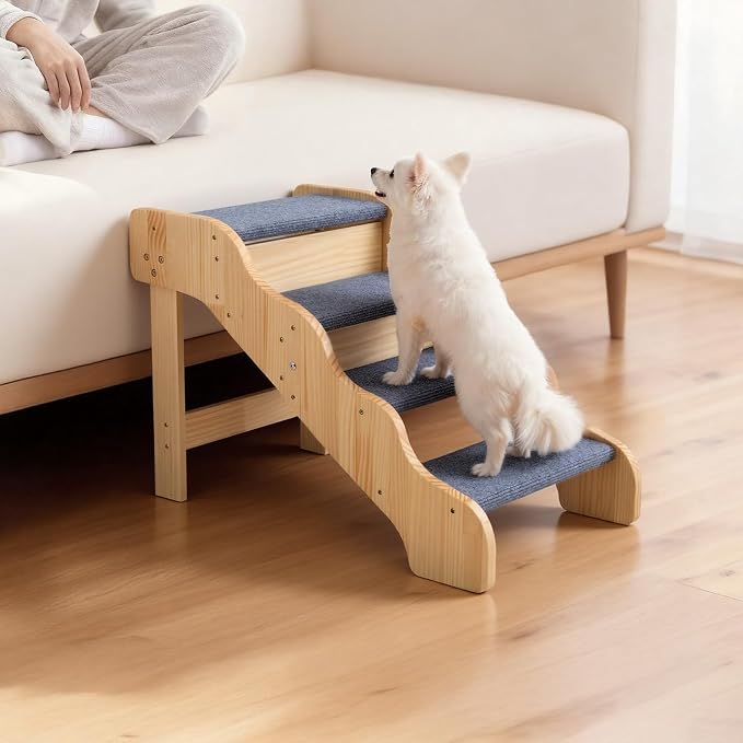 VEVOR Wood Pet Stairs, 4-Step Dog Stairs for High Beds, Sofa & Cars, 150lbs Load Capacity, Non-Slip Surface, Stable Cat & Dog Step Ladder for Small Medium Large Older Pet Puppy Essentials