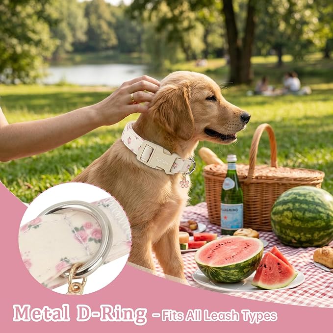 Floral Dog Collar, Spring Summer Pink Flower Pet Collar, Cute Cotton Puppy Collar with Adjustable Buckle, Girl Female Dog Collars for Small Medium Large Dogs-L