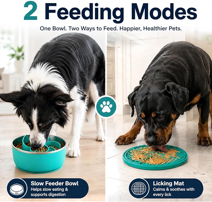 Slow Feeder Dog Bowls with Non-Slip Base for Large Dogs - Food Grade Stainless Steel Slow Feed Dog Bowl - Anti Gulp Metal Feeding Bowl Set with Lick Mat - Dishwasher Safe