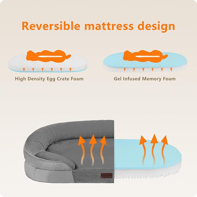 Dwanton Orthopedic Dog Bed for Extra Extra Large Dogs with Gel Memory Foam, Waterproof Dog Sofa, Washable Pet Bed with Four Sided Bolster Cushion, Removable Cover & Non-Slip Bottom, 48", Medium Grey