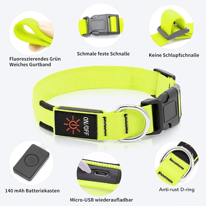 Light Up Dog Collar, Rechargeable USB Collar, Waterproof, Luminous LED Collar, Adjustable, Super Bright, Night Walking for Small Medium Large Dogs, Green, M