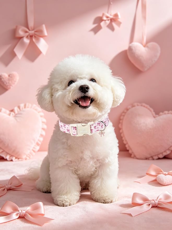 Maca Bates Pink Basic Dog Collar with Sailor Bow Charm for Small Girl Dogs, Girly Cute Heart Bowtie Pattern,Feminine Style,Adjustable Durable Soft Collars Birthday Gift for Female Puppy