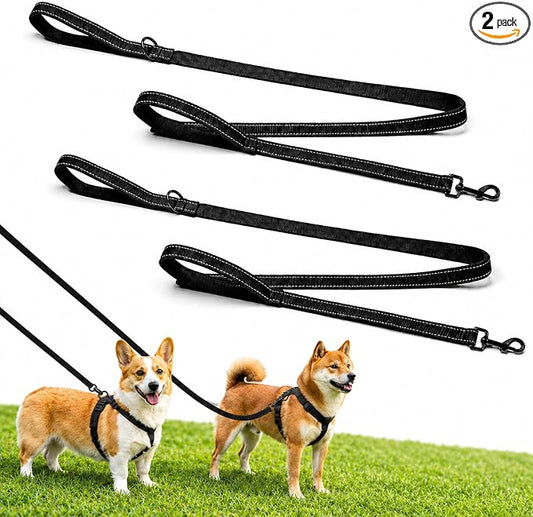 2 Pack Dual Handle Dog Leash, 6ft x 1in Heavy Duty Reflective Nylon Leash with Padded Grip, Traffic Handle, D-Ring, Tangle-Free Dog Lead for Small, Medium & Large Dogs, Safe Night Walks (Black+Black)