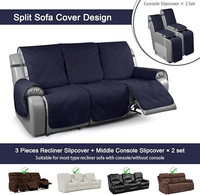 TAOCOCO 100% Waterproof Recliner Sofa Covers with Console, Couch Covers for Reclining Couches 3 Seat with Straps, Split Recliner Sofa Cover Furniture Pets Kids Protector (3 Seater, Navy Blue)