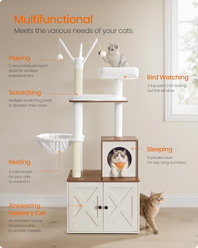 Feandrea Cat Tree with Litter Box Enclosure, 59-Inch Modern Cat Tower, 2-in-1 Condo with Scratching Posts, Washable Removable Cushion, Rustic White and Honey Brown UPCT113W201