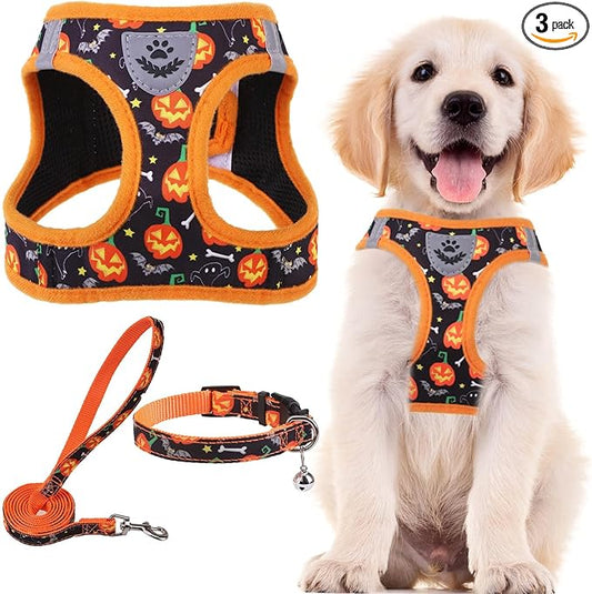 PUPTECK Adjustable Dog Harness Collar and Leash Set Step in No Pull Pet Harness for Small Medium Dogs Puppy and Cats Outdoor Walking Running, Soft Mesh Padded Reflective Vest Harnesses, Halloween, XS