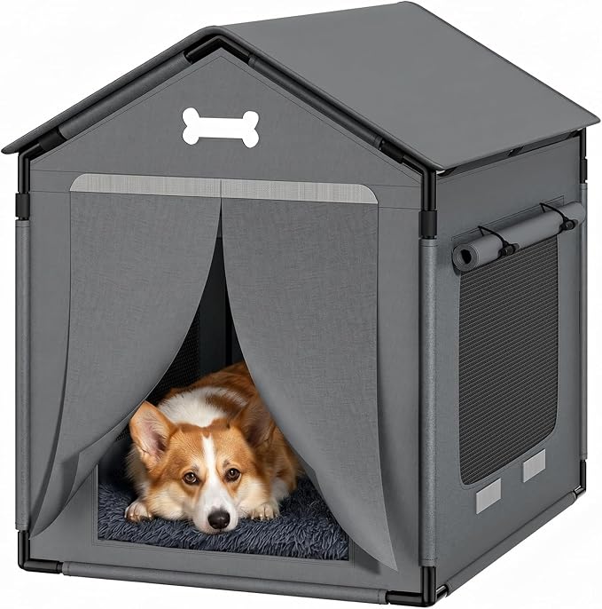 Dog House Indoor Outdoor Dog Kennel with Cushion for Small Medium Dogs Cats, Cozy Cooling Cat Nest Puppy Cave Sofa Pet Products Easy Assembly Grey, L w/Door Curtain: 27.6" L x 21.3" W x 26.8" H