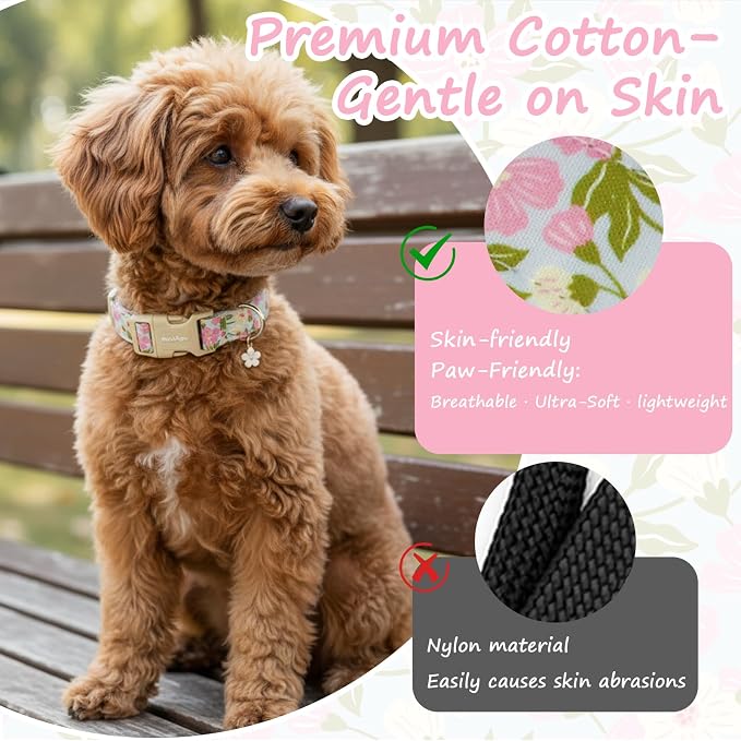 Dog Collar for Small Medium Large Dogs, Spring Blue Dog Collars with Pink & White Flowers, Adjustable Cotton Dog Collars, Cute Girl or Boy Dog Collar Ideal for Gifts,Pet Accessory,XS