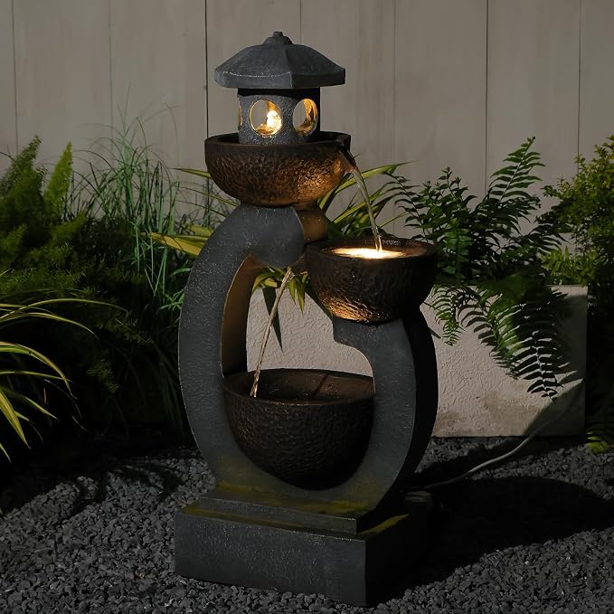 Outdoor Water Fountain with LED Lights, 3-Tier Zen Garden Fountain for Patio, Yard & Porch Decor – Durable Resin Waterfall Feature with Modern Japanese-Style Design, 35” Tall