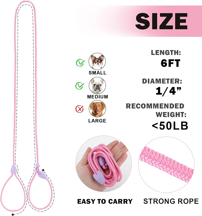 Slip Lead 6 FT Dog Training Leash - 6 Color Slip Leads for Medium Dogs - No Pull Dog Leash (Pink)