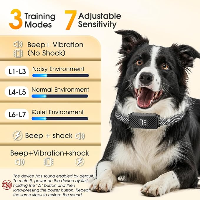 Dog Bark Collar for Large Medium Small Dogs, Effective No-Bark Collar, Smart Barking Collar, Rechargeable Bark Collar with 7 Sensitivity, 3 Modes, Waterproof, Onyx Black