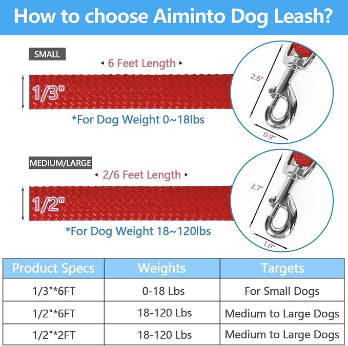 Dog Leash, Braided Rope Traction – Walking Training Lead for Small Dogs ((1/3") x 6FT, Red)
