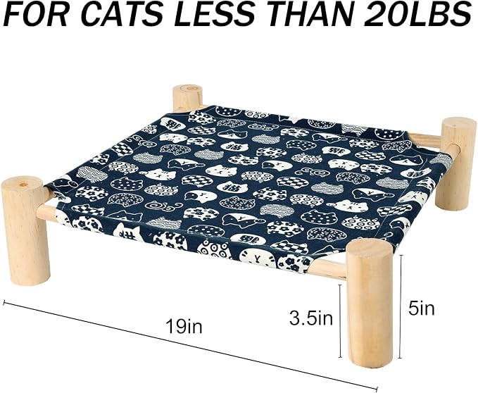Patas Lague Pet Bed, Small, Elevated Cooling Hammock Bed, Wood, 19x19x5 inches, 20 lbs, Blue Cat, Indoor/Outdoor, Square, for Cats and Dogs