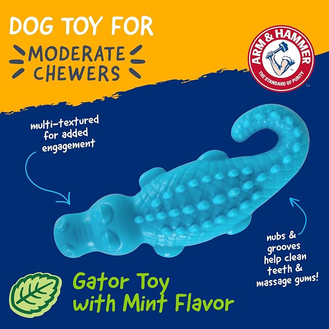 Arm & Hammer Nubbies Gator Dental Chew Toy for Dogs, Mint Flavor, Baking Soda Infused, Scrubbing Grooves to Reduce Plaque and Tartar, No Stuffing, for Moderate Chewers - 24 Pack