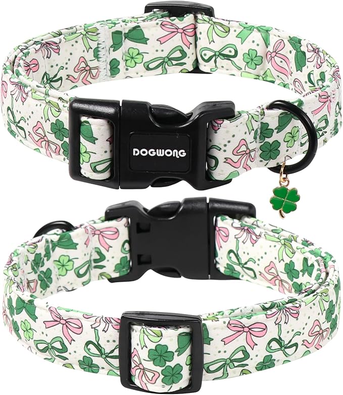 DOGWONG Green Dog Collar- Cute Trefoil Bowtie Dog Collars Adjustable St. Patrick's Day Puppy Clover Dog Collar for Small Medium Large Dogs S